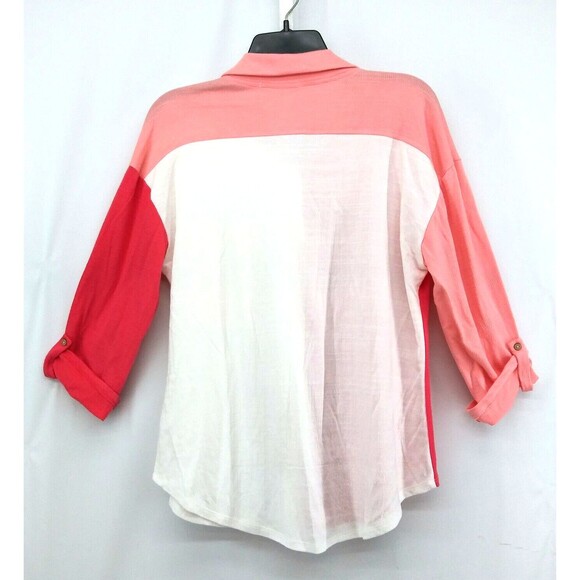 Above and Beyond Shirt Women L Pink White Color Block Roll Tab Sleeve Button Up - Picture 3 of 6